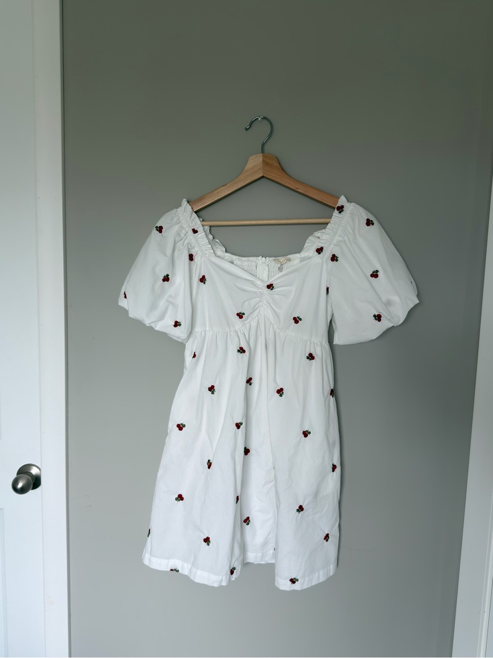 Altar’d State White Cherry Poplin Mini Dress Puff Sleeve Size S Cottagecore - Picture 3 of 9